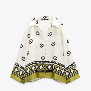 White and Green Patterned Zara Button-Up Shirt - Size L